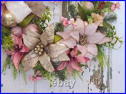 Rose and Gold Christmas Front Door Wreath Large Handmade