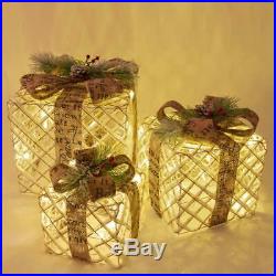 Rustic Antique Set of 3 LED Light Up Presents Under Christmas Tree Gift Box -NEW