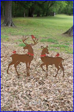 Rustic Deer Red Cardinal Birds Christmas Outdoor Yard Garden Reindeer Set Of 2