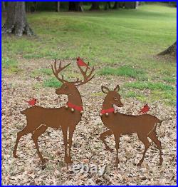 Rustic Deer Red Cardinal Birds Christmas Outdoor Yard Garden Reindeer Set Of 2