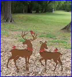 Rustic Deer Red Cardinal Birds Christmas Outdoor Yard Garden Reindeer Set Of 2