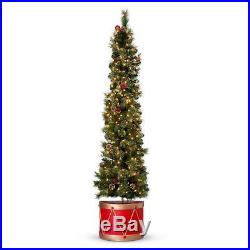 SALE 6.5' Lighted Pre Lit Spruce Flat Back Half Christmas Tree in Drum Decor