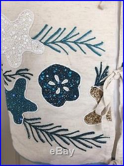 SC Kim Seybert Cream Blue White Gold Beaded Christmas Tree Skirt Beach Coastal