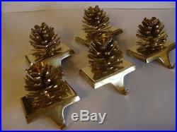 Set/5 Brass Christmas Stocking Holders Hooks Hangers Pinecones
