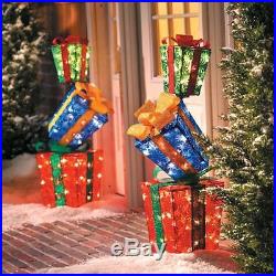 SET OF 2 Outdoor Lighted Pre Lit 3' Christmas Present Stacker Holiday Yard Decor