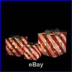 SET OF 3 LIGHTED GIFT BOXES RED WHITE GREEN OUTDOOR CHRISTMAS Yard Decor PRE-LIT