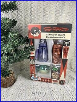 SHAG Tiki Farm Vintage Style 4 European Blown Glass Ornaments New In Retro Box