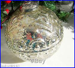 SILVER MERCURY GLASS PATTERNED VINTAGE KUGEL STYLE GLASS ORNAMENT. GORGEOUS