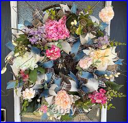 STUNNING XL Romantic Floral Front Door Deco Mesh Wreath Spring Summer Everyday