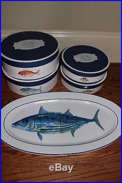 S/17 NIB Williams Sonoma 8 each La Mer dinner & salad plates + oval platter fish