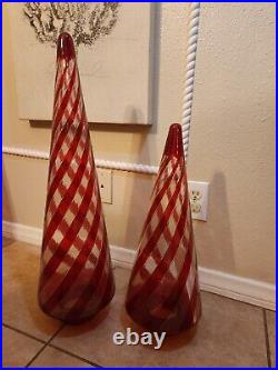 S/2 Pottery Barn Candy Cane Striped Glass Christmas Tree Cloche Luminary SM LG