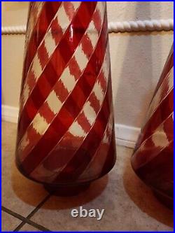 S/2 Pottery Barn Candy Cane Striped Glass Christmas Tree Cloche Luminary SM LG