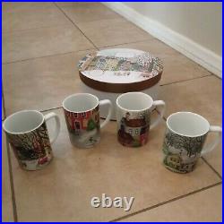 S/4 Pottery Barn Winter Village coffee cups Mugs Holiday Christmas with BOX