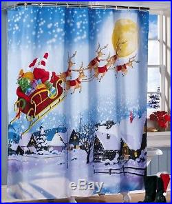 Santa Claus Reindeer Bathroom Shower Curtain Christmas Winter Holiday Bath Decor