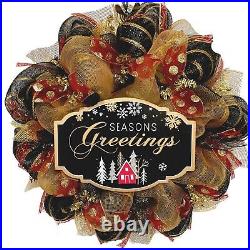 Seasons Greetings Black and Gold Handmade Deco Mesh Wreath