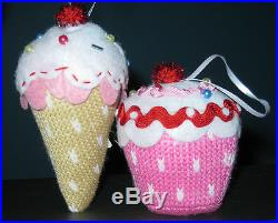 Set 2 Cupcake & Ice Cream Cone Christmas ornaments decorated knitted pink felt