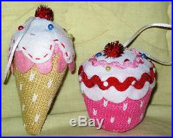 Set 2 Cupcake & Ice Cream Cone Christmas ornaments decorated knitted pink felt