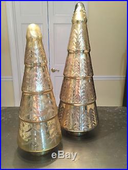 Set/2 pottery barn Lit Gold Etched Mercury Trees, 18+22, xmas, med+large, glass