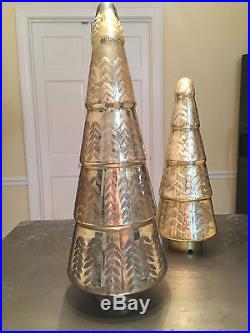 Set/2 pottery barn Lit Gold Etched Mercury Trees, 18+22, xmas, med+large, glass