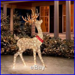 Set 2pc Lighted Champagne Reindeer Deer Doe Buck Figures Outdoor Christmas Decor