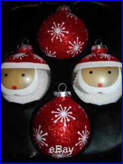 Set/4 RED WHITE GLITTER Glass Ball Ornaments SNOWFLAKE Santa Claus Handcrafted