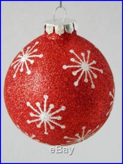 Set/4 RED WHITE GLITTER Glass Ball Ornaments SNOWFLAKE Santa Claus Handcrafted