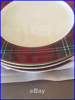 Set/4 williams sonoma red tartan plaid dinner plates, xmas, sturdy earthenware