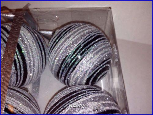 Set 6 Christmas Holiday Shatterproof Ornaments Glitter Balls Black Silver Aqua
