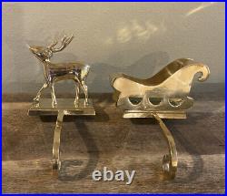 Set Of 2 Heavy Vintage Solid Brass 3D Stocking Holders Deer/Stag & Sleigh