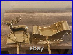 Set Of 2 Heavy Vintage Solid Brass 3D Stocking Holders Deer/Stag & Sleigh