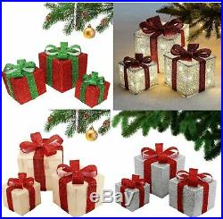 Set Of 3 Led Light Up Festive Xmas Christmas Gift Parcel Box Set Decoration