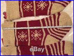 Set Of 4 Pottery Barn Knit Red Cream Snowflake Stripes Bells Stockings New