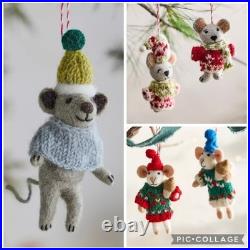 Set Of 5 Anthropologie Sweater Weather Wool Felt Critter Mice Christmas Ornament