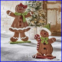 Set of 2 Chunky Solid Wood Hand-Painted Gingerbread Cutouts 30& 21 Tall