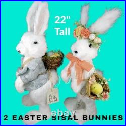 Set of 2 EASTER WHITE SISAL BUNNY COUPLE With BASKETS OF EGGS & CHICK