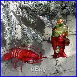 Set of 2 FISH FISHERMAN & RED LOBSTER Christmas Blown Glass Ornaments