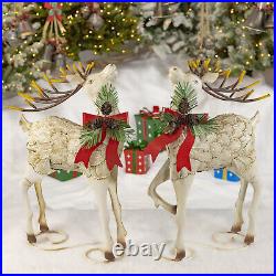 Set of 2 Iron Reindeer with Pinecone Bow