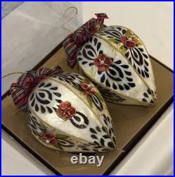 Set of 2 MacKenzie-Childs Capiz Tartan Teardrop Glass Ornaments with Box Mint Set of 2 MacKenzie-Childs Capiz Tartan Teardrop Glass Ornaments with Box Mint