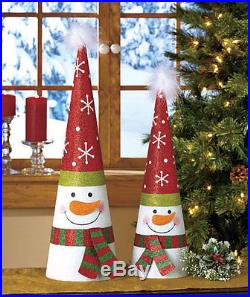 Set of 2 Metal Tree Shaped Holiday Christmas Decor Snowman NEW