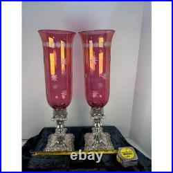 Set of 2 Ruby Red Etched Glass Hurricane Candle Holders Ornate Silver Base