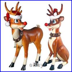 Set of 2 Rudolph the Red Nosed Reindeer in Santa Hat Christmas Holiday Statues