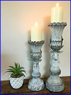 Set of 2 Tall Rustic Stag Head Candle Holders Candlestick Nordic Style Pillar