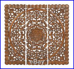 Set of 3 Carved Wood Wall Panels Brown Curves Home Decor 14324