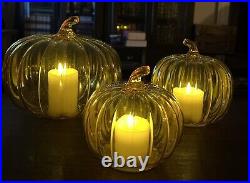 Set of 3 Glass Pumpkin LED Light Candles