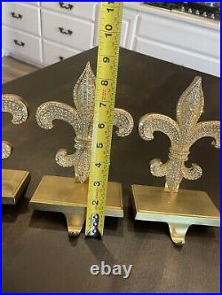 Set of 3 Gold Tone FLEUR de LIS STOCKING HOLDERS METAL w RHINESTONES 83B
