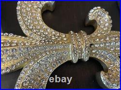 Set of 3 Gold Tone FLEUR de LIS STOCKING HOLDERS METAL w RHINESTONES 83B