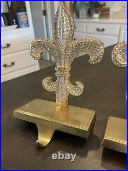 Set of 3 Gold Tone FLEUR de LIS STOCKING HOLDERS METAL w RHINESTONES 83B