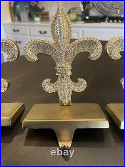 Set of 3 Gold Tone FLEUR de LIS STOCKING HOLDERS METAL w RHINESTONES 83B