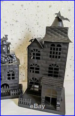 Set of 3 Pottery Barn Metal Halloween Haunted Houses Luminary Tabletop Decor