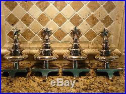 Set of 4 Crate & Barrel Silver Tone Christmas Tree Stocking Holders / Hangers